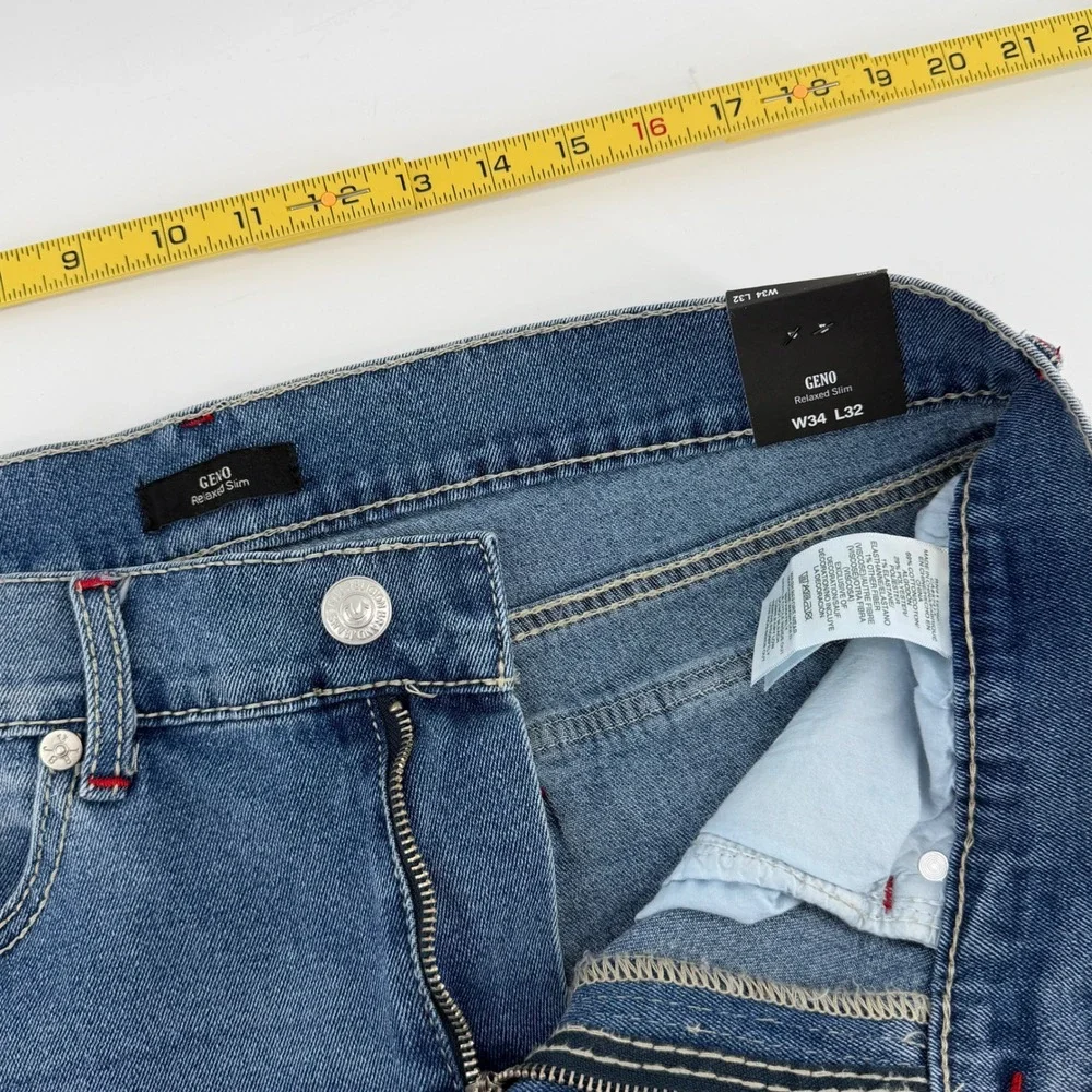 $204 NEW True Religion Geno Big T Flap Relaxed Slim Jeans Light Wash 36 34x32